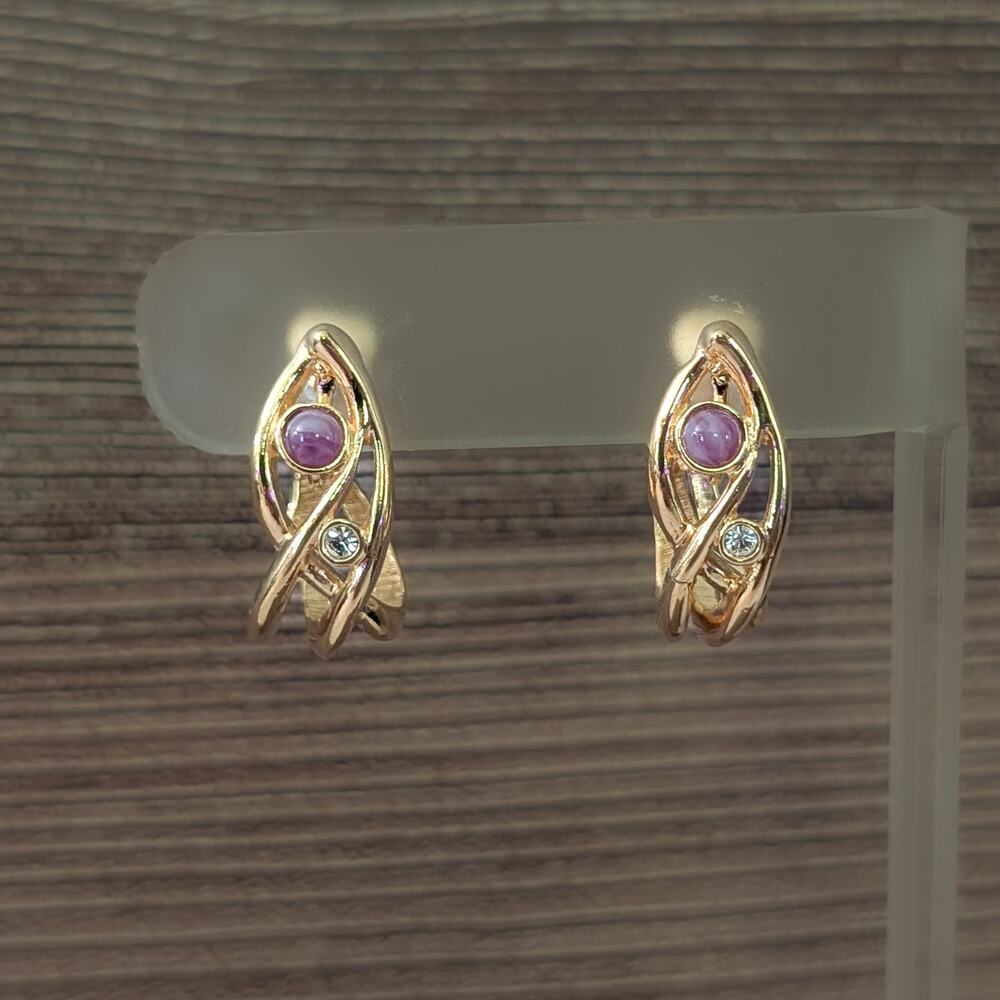 Vintage Clip On Earrings Gold Tone With Clear & Purple Accents Statement